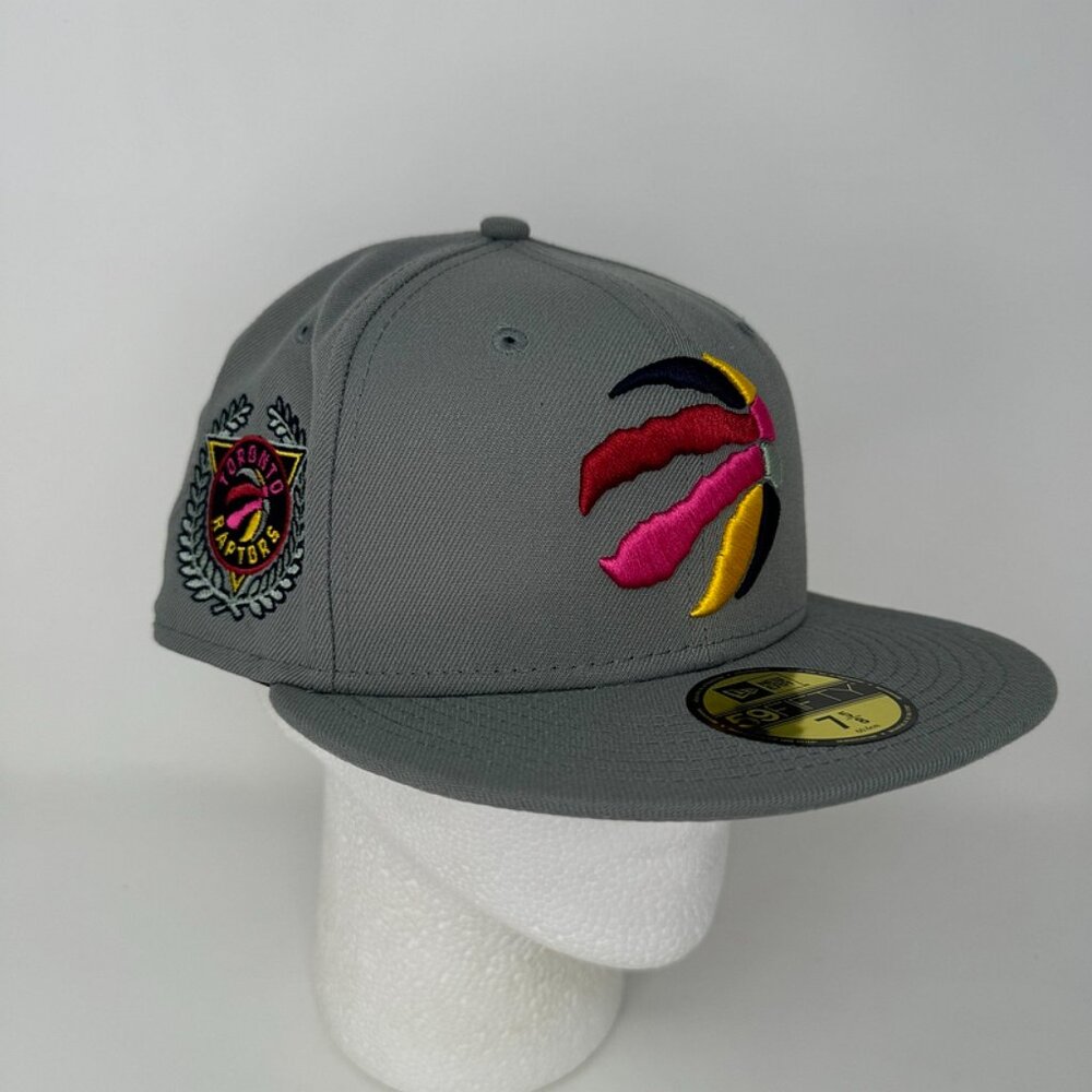 NWT Toronto Raptors Fitted Hat 7 5/8‎ Gray Pink NBA Basketball Cap Crest